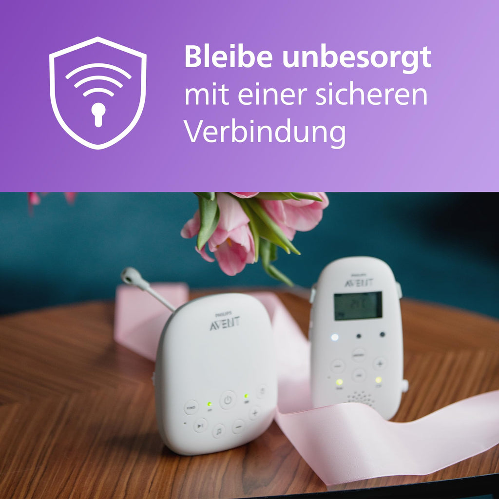 Philips ‎AVENT Audio Babyphone DECT-Technologie, Eco-Mode, Gegensprechfunktion, Schlaf- und Nachtlieder, Temperatursensor, maximale Reichweite, weiß (Modell SCD713/26)