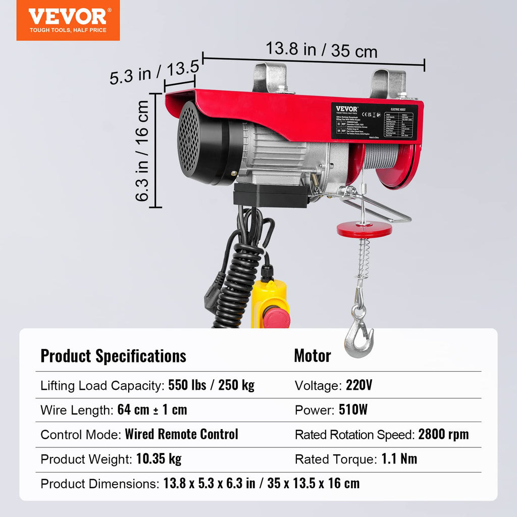 VEVOR elektrische Seilwinde 125kg bis 250kg Hubhöhe 12m Seilzug Motorwinde 510W Kupfermotor Flaschenzug 10m/min Hubgeschwindigkeit Hebezug mit kabelgebundener Fernbedienung Seilhebezug Kettenzug