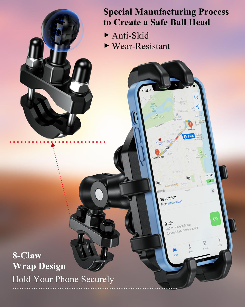 BRCOVAN Motorrad Handyhalterung mit Vibrationsdämpfer, Anti-Shake Handy Motorradhalterung, Verstellbar Lenker Handyhalter für Motorrad, Fahrrad, Roller, ATV, für 5,4 Zoll - 7,2 Zoll Smartphones