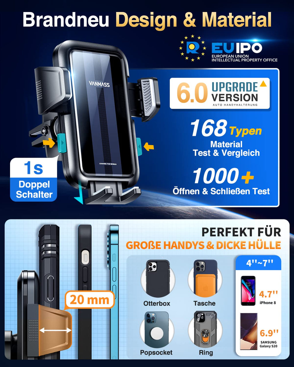 VANMASS 2026【True Militär-Klasse】Handyhalterung Auto【Stärkste Saugnapf & Lüftungsclip 】4 in 1 Handy Halterung Auto Handyhalter 360° drehbar Autohalter für iPhone 17 Pro Max/17 Air/16/15/14 Samsung S25