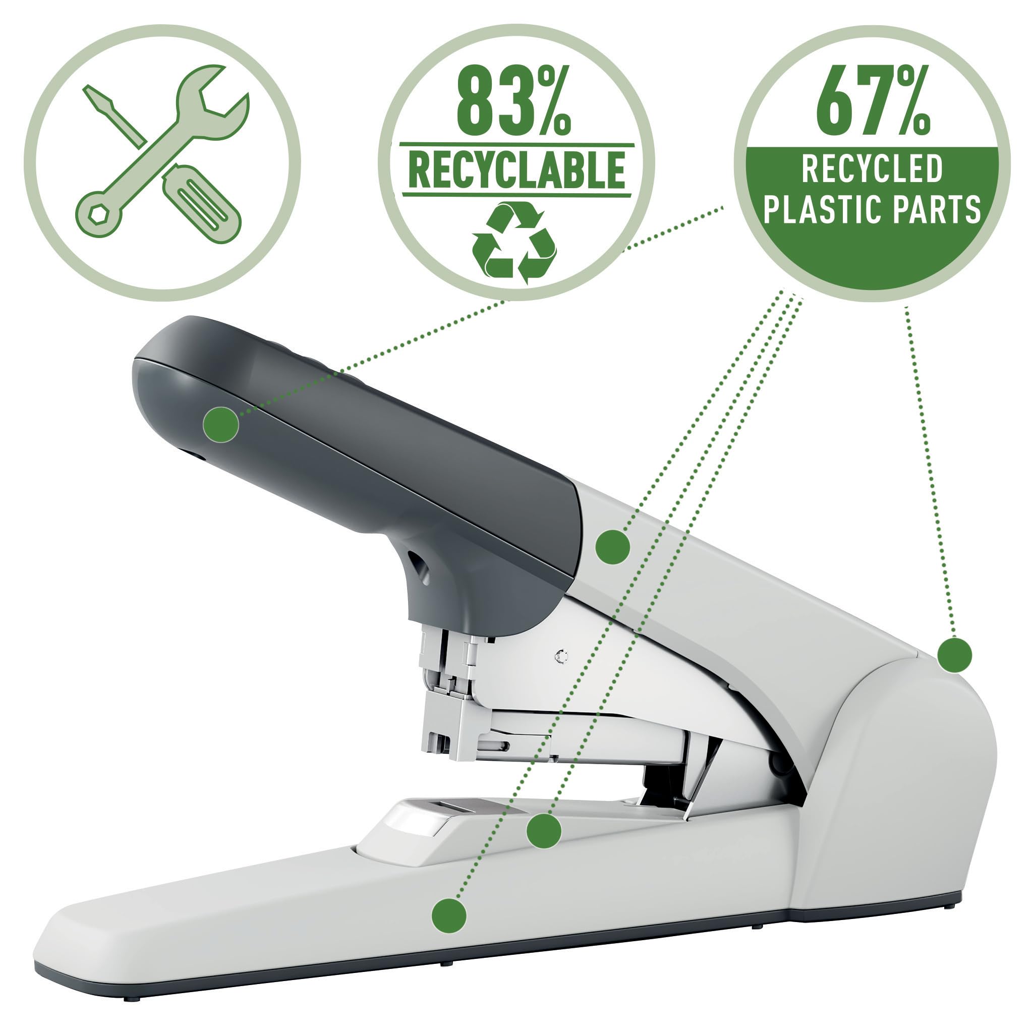 Leitz Extrastarkes Flachheftgerät, Großes Heftgerät für 60 Blatt, Reduziert Papierstapel im Büro, inkl. 1000 Heftklammern, Robustes Metall, recycelte Kunststoffteile, 83% recycelbar, Weiß, 55520084