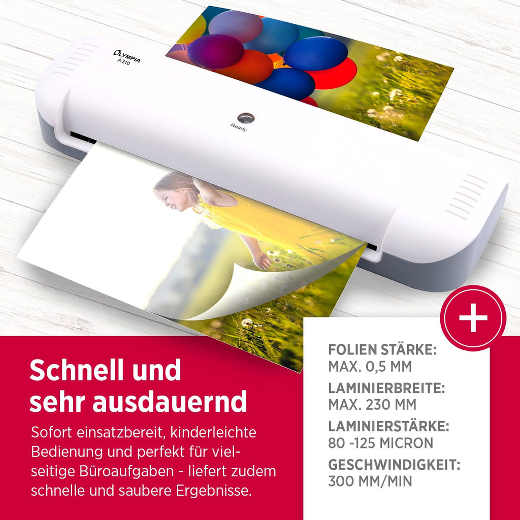Olympia A210 4in1 Laminiergerät A4 | Laminierset A4 | Laminator | Schnelles Aufwärmen | Laminiermaschine, Papierschneider & Eckrunder | Ideal für Büro Schule & Heimgebrauch | Inkl. 15 Folien