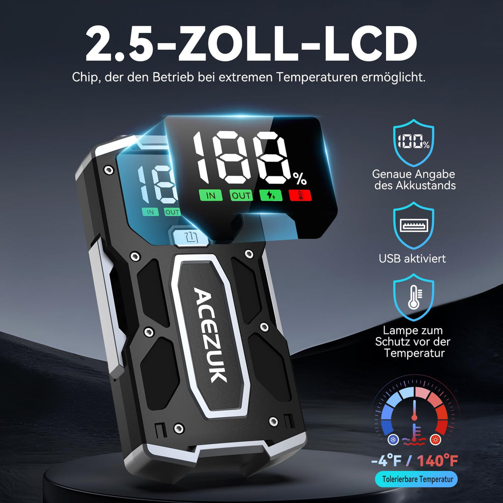 ACEZUK Starthilfe Powerbank Leistungsstark Für Autobesitzer LED-Beleuchtung Bis 7,0L