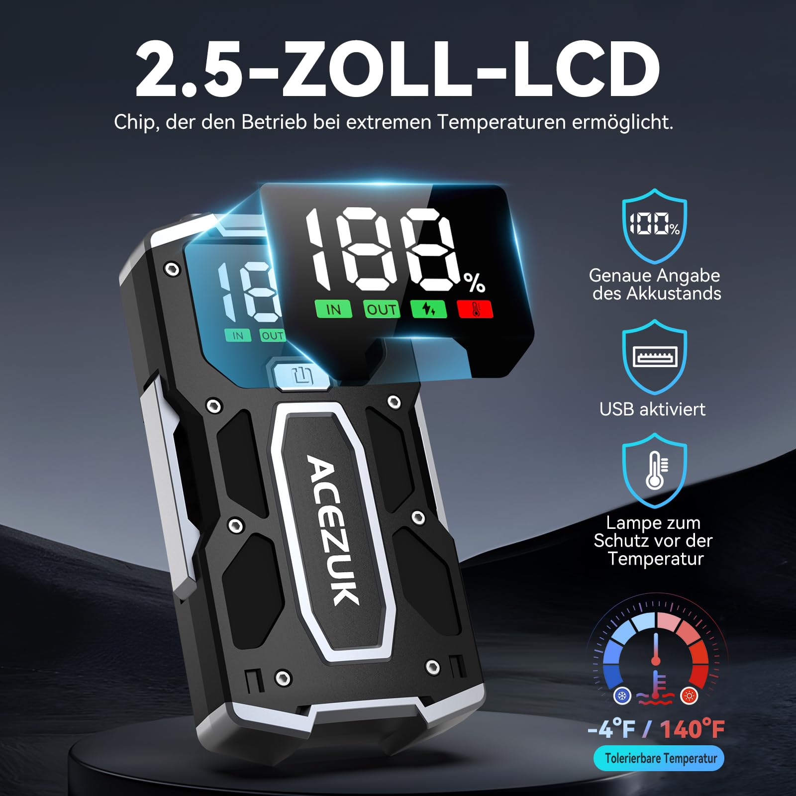 ACEZUK Starthilfe Powerbank Leistungsstark Für Autobesitzer LED-Beleuchtung Bis 7,0L