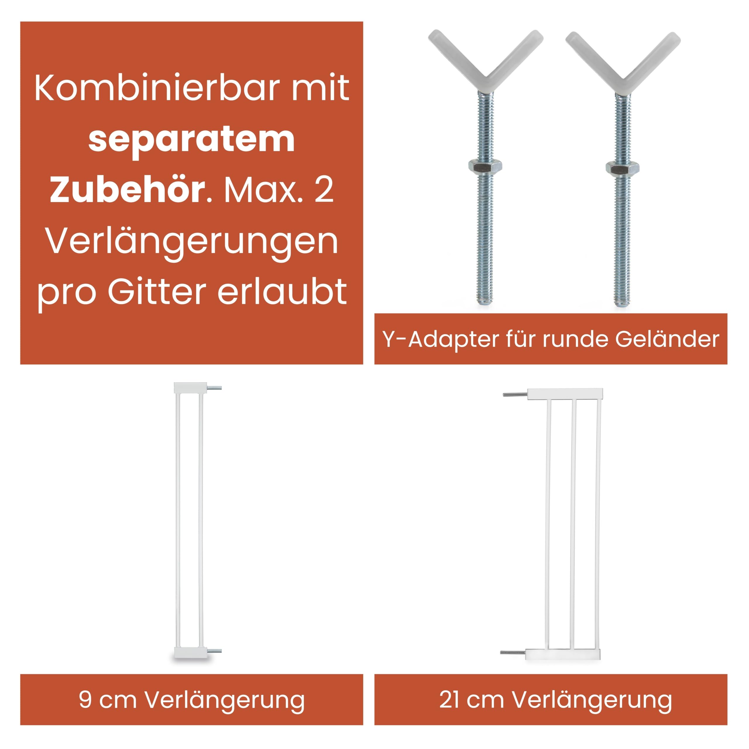 hauck Open N Stop 2 + 9 cm Verlängerung, Weiß - Kinderschutzgitter Hundegitter, Verstellbare Breite 84-89 cm, 77 cm Hoch, Beidseitige Einhand Öffnung, ohne Bohren, für Innen