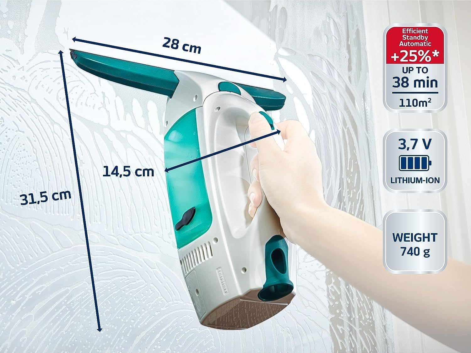 Leifheit Fenstersauger Set Dry & Clean mit Stiel und Einwascher für 360° streifenfreie Reinigung, Fensterreiniger verwendbar bis zu 38 min, Fensterputzer mit Stand-by-Automatik und Click-System