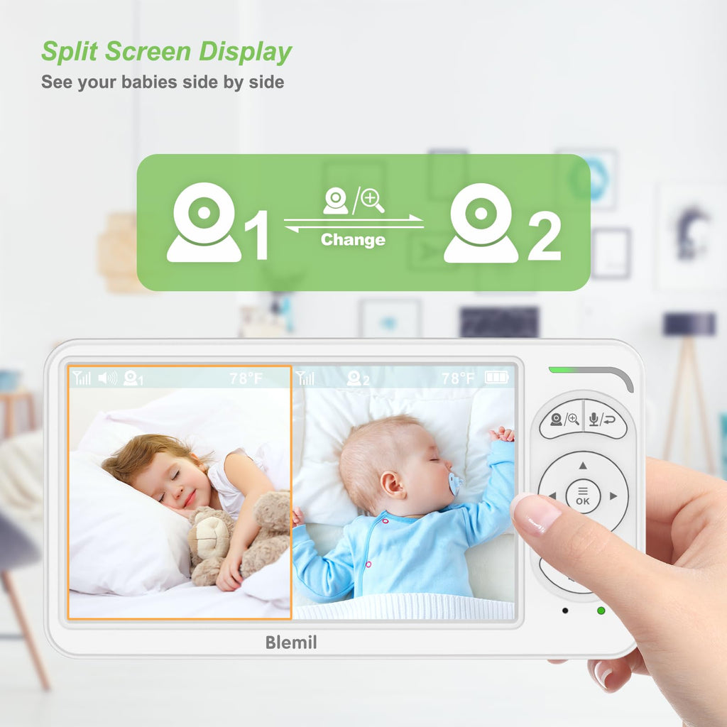 Blemil Babyphone, Video Babyphone mit 2-Kameras und Audio, 6 IPS große Split Screen Fernbedienung Schwenk/Neige/Zoom, Videomonitorkameras mit klarer Nachtsicht und 30hours Batterielaufzeit