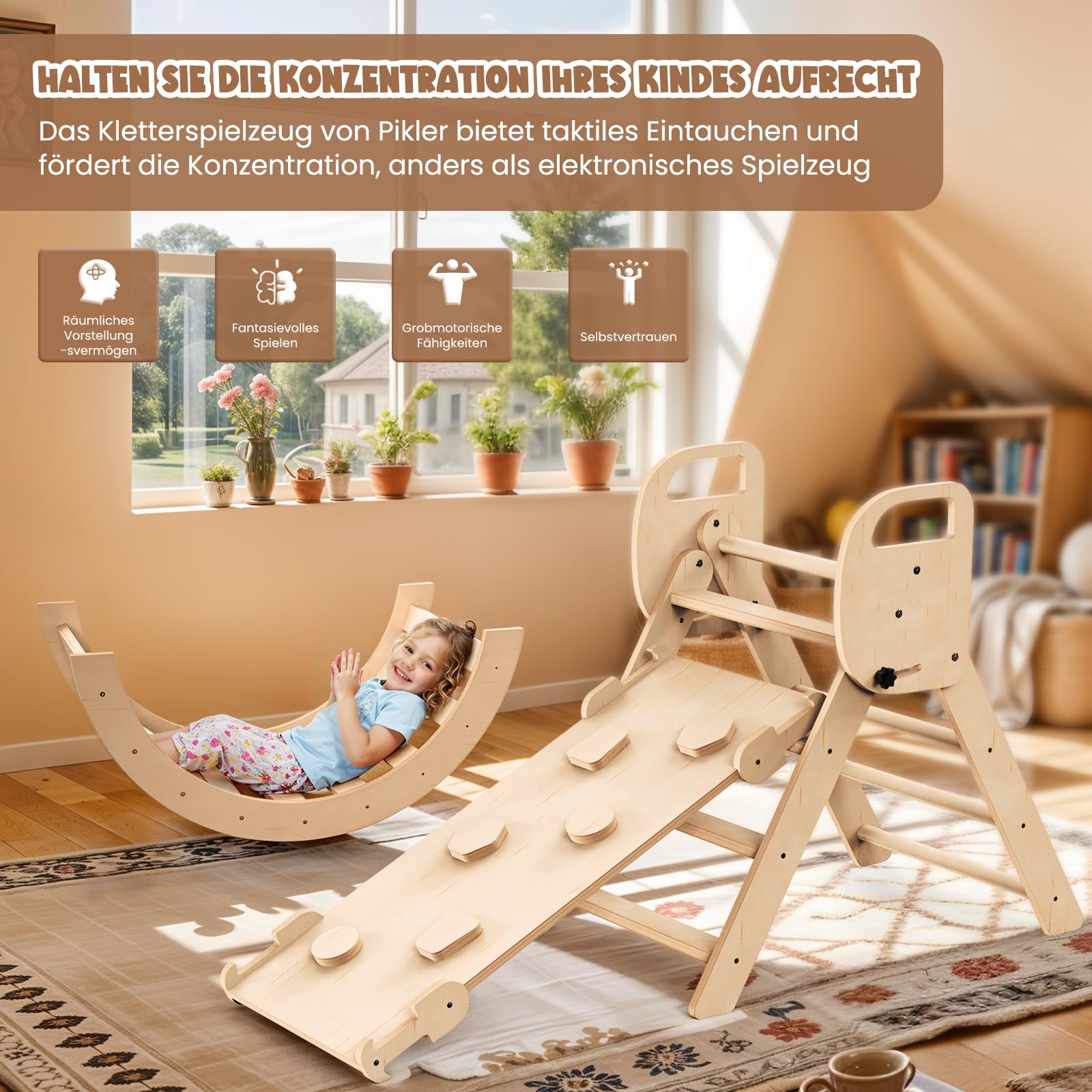 Woodure 7-in-1 Montessori Klettergerüst Indoor Set, Verformbares Kletterdreieck mit Rutsche & Kletterbogen, Hölzernes Pikler Dreieck zum Baby Klettern, Klettergerüst Montessori Spielzeug ab 1-6 Jahre