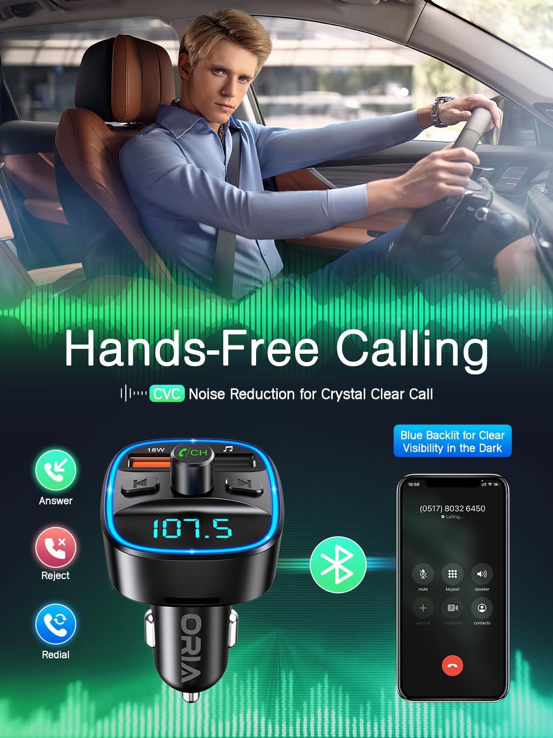 ORIA Bluetooth FM Transmitter Auto, Bluetooth 5.3 Adapter für Auto Radio, Rauschunterdrückung Mikrofon & 2 USB Aufladung, Freisprechen Carkit, unterstützt BT, SD-Karte, USB-Stick