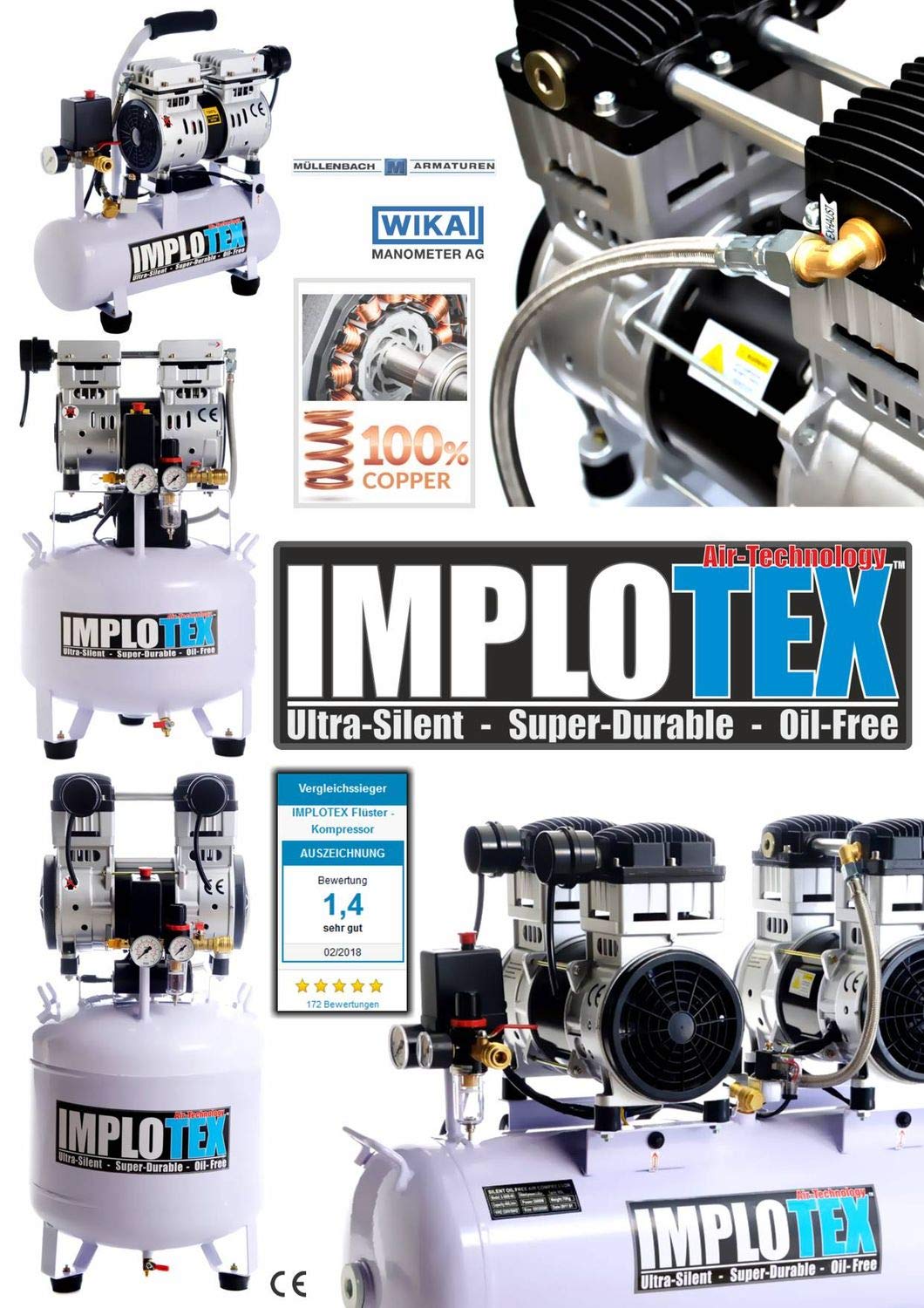 IMPLOTEX 480W Silent Flüsterkompressor Druckluftkompressor 48dB leise ölfrei Kompressor inkl. Ausblaspistole und Druckluftschlauch