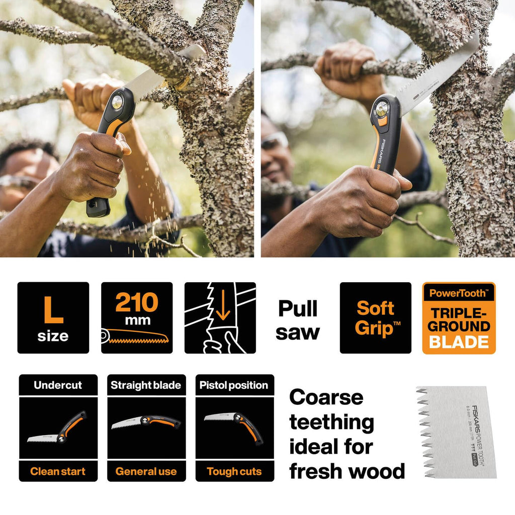 Fiskars Plus Klappsäge, Für dicke Stämme und Äste, 3 Schneidpositionen, Scharfes Power Tooth-Blatt, Grobzahnung, Blattlänge: 21 cm, Schwarz/Orange, SW69, 1067553