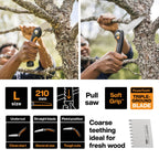 Fiskars Plus Klappsäge, Für dicke Stämme und Äste, 3 Schneidpositionen, Scharfes Power Tooth-Blatt, Grobzahnung, Blattlänge: 21 cm, Schwarz/Orange, SW69, 1067553