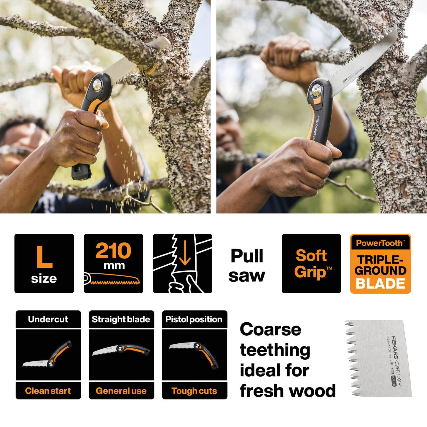 Fiskars Plus Klappsäge, Für dicke Stämme und Äste, 3 Schneidpositionen, Scharfes Power Tooth-Blatt, Grobzahnung, Blattlänge: 21 cm, Schwarz/Orange, SW69, 1067553