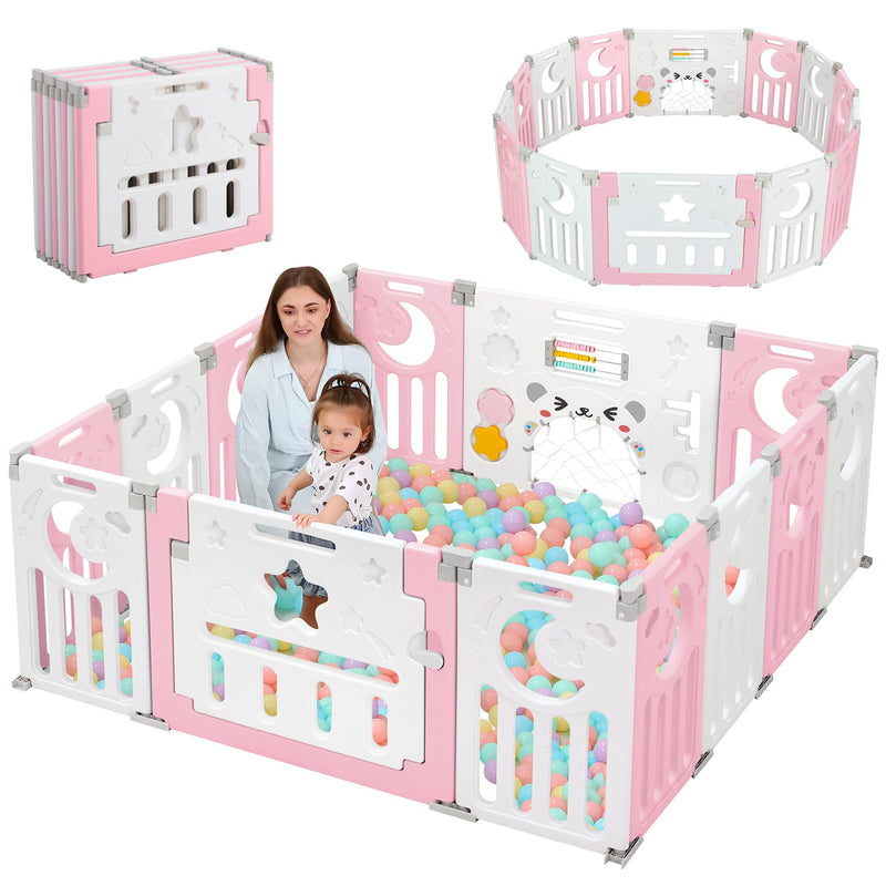 Dripex Laufstall Baby faltbar 150x150x62cm (14 Paneele) mit Spielboard, Laufgitter Baby, Kinderlaufstall & Babyzaun aus strapazierfähigem Plastik, Playpen für Innen & Außen, Rosa