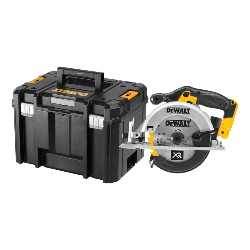 DEWALT 18 Volt Akku-Handkreissäge (760 Watt Abgabeleistung, Sägeblatt-ø: 165 x 20 mm, bis 50° Neigungsverstellung, 24-Zahn HM Sägeblatt, T STAK Box VI, Lieferung ohne Akku & Ladegerät), DCS391NT-XJ