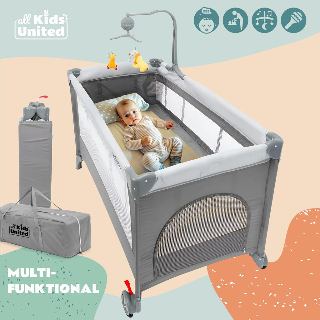 all Kids United® Baby Reisebett Babybett - Babycenter Kinderreisebett Kinderbett mit Matratze, Wickelauflage, Musikspiel und Mobile (Grau)