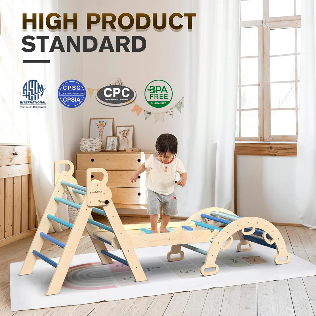 BlueWood 7-in-1 Montessori Kletterdreieck mit Kletterbogen und Rutsche, Holzdreieck für Kleinkinder, Indoor Kletterspielzeug für Kleinkinder, klettergerüst Indoor ab 1 Jahr