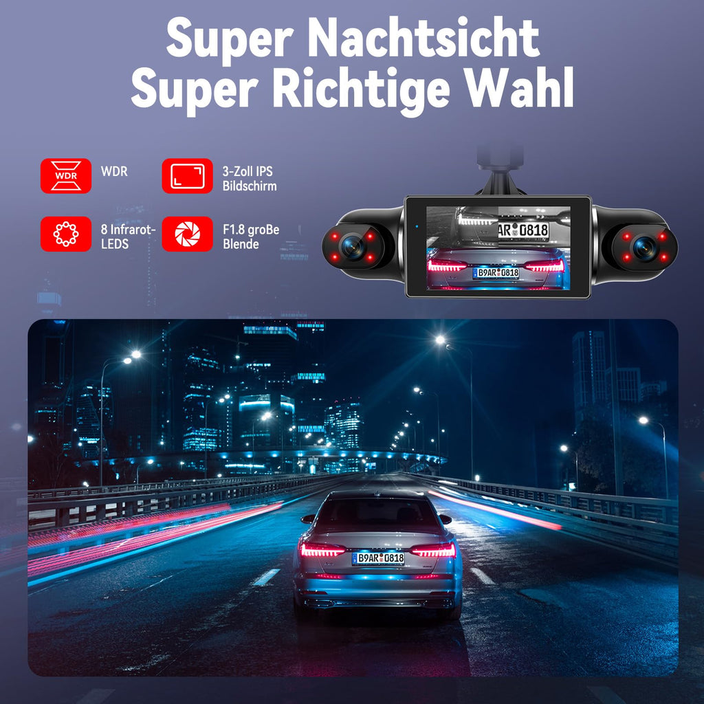 360° Dashcam Auto Vorne Hinten 4 Kanal Dash Cam Auto Kamera FHD 2K+1080Px3,4×140° Weitwinkel,WDR-Nachtsicht (8 IR-LEDs), 3" IPS Display,G-Sensor,24/7 Parkmodus,Loop-Aufnahme, inkl. 64GB SD-Karte, App