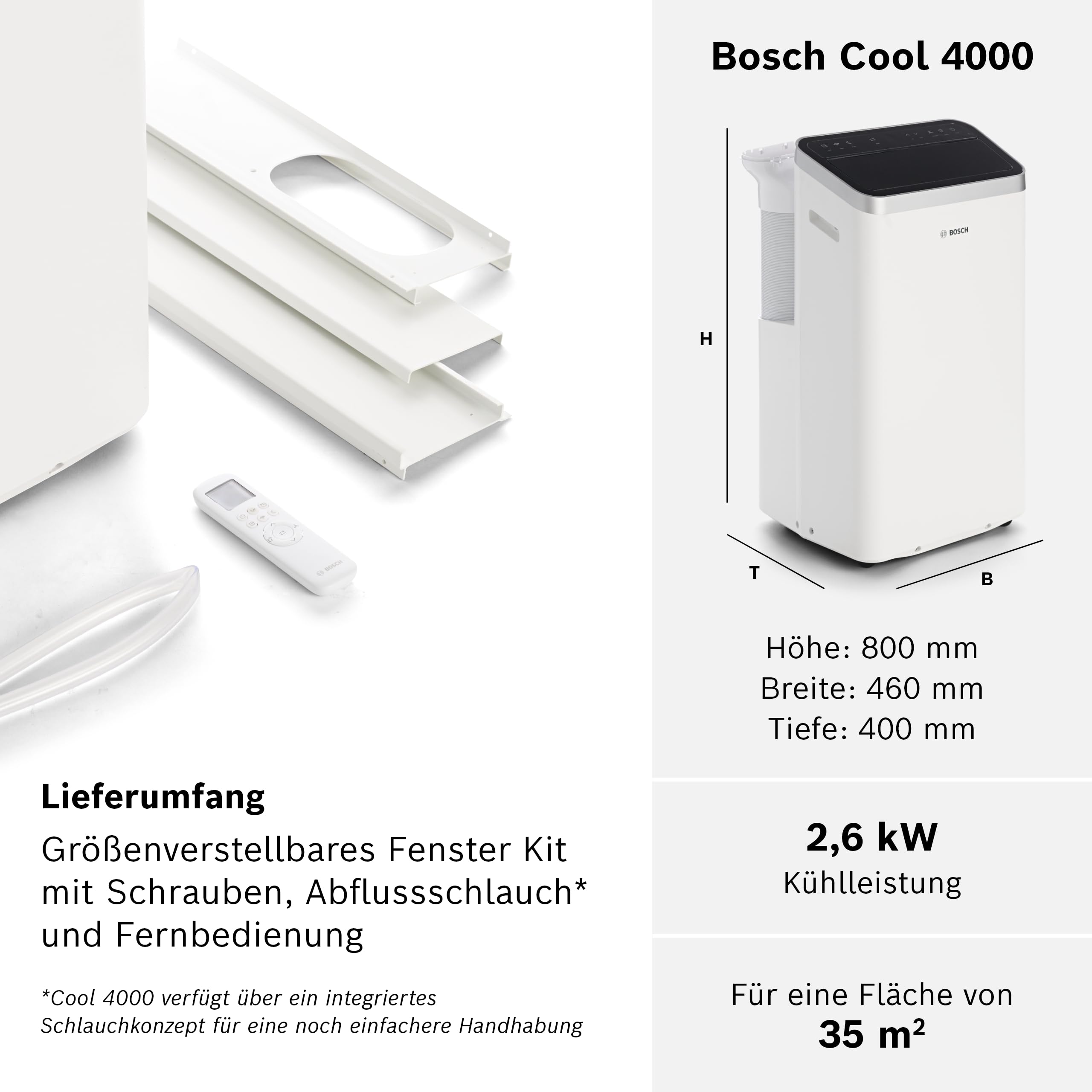 Bosch Cool 4000 Mobiles Klimagerät - 3-in-1 Klimaanlage, Luftentfeuchter, Ventilator - 2,6 kW für Räume bis zu 35m² - Mit Auto-Modus, Silent-Modus Sleep-Modus