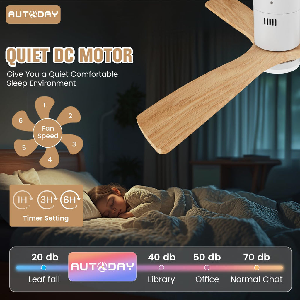 AUTODAY Holz Deckenventilator mit Beleuchtung dimmbarem LED 24W Leiser DC-Motor 38W 132 cm hölzern Deckenventilator mit licht Fernbedienung mit Memory-Funktion 6 Geschwindigkeiten 1/3/6H Timer