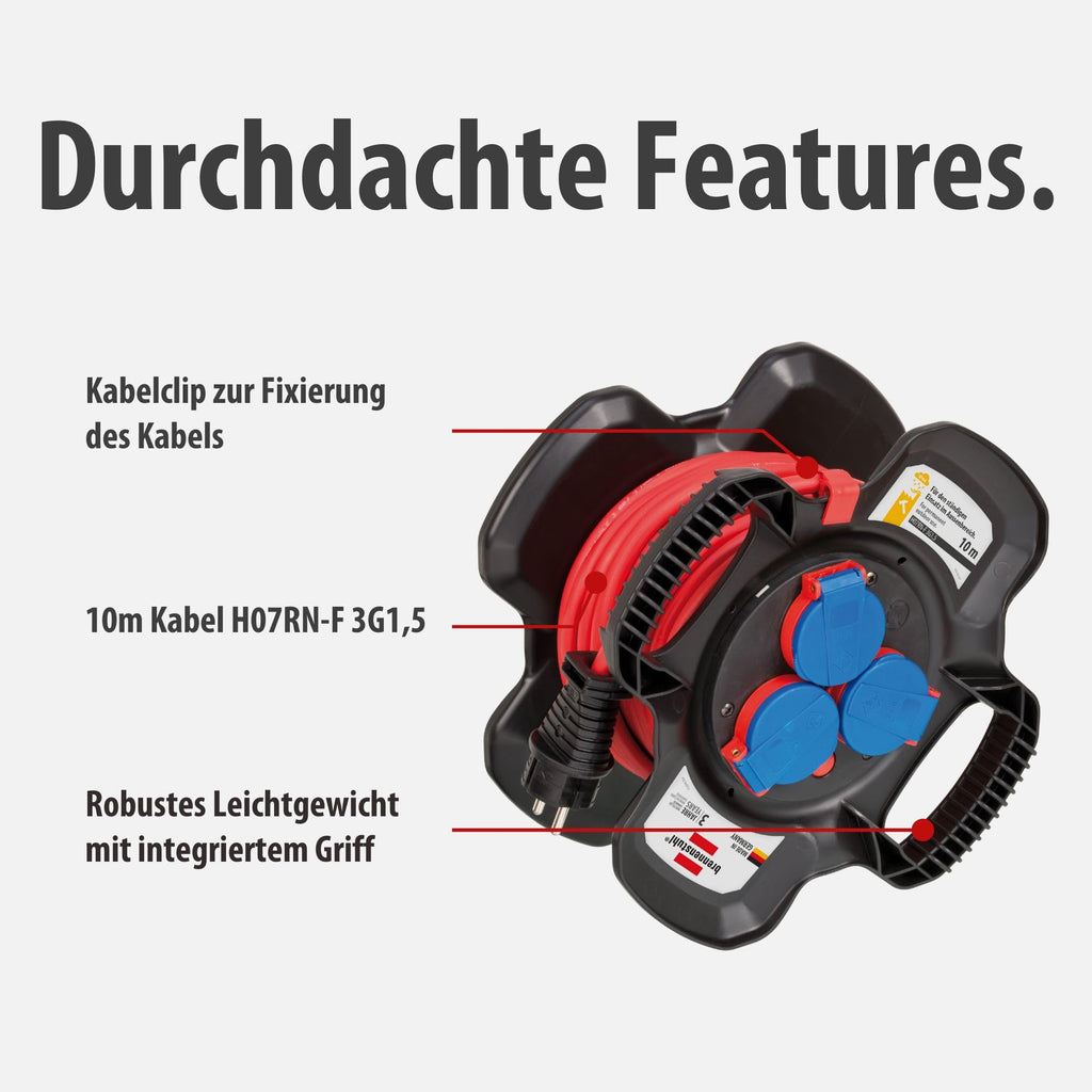 Brennenstuhl Gummi-Kabelhaspel X-Gum IP44 / Kabeltrommel für die Baustelle aus Gummi (10m, ständiger Einsatz im Außenbereich, Spezial-Gummimischung, Made in Germany)