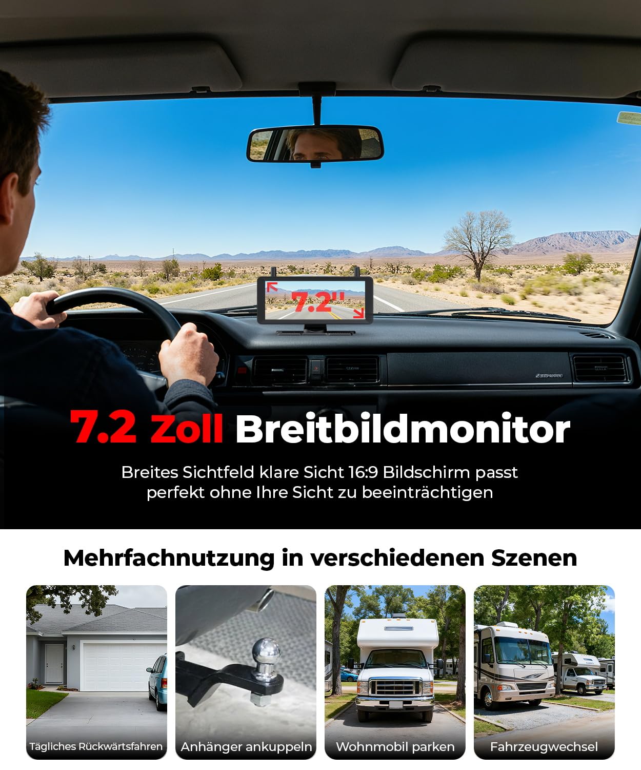 Solar Rückfahrkamera Kabellose 7,2 Zoll 1080P HD : Split Screen Monitor mit Starkem Signal Schnelle 1 Min Installation DVR Aufnahme Tragetasche Rückfahrkameras für Wohnmobil, LKW, Anhänger, Camper