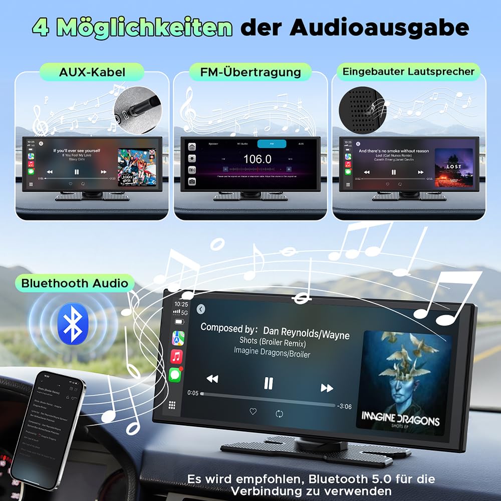 LAMTTO Wireless CarPlay Android Auto Display 10,25 Zoll In-Cell Touchscreen Car Play mit Dashcam 2.5K+1080P Sprachsteuerung Karten Navigation Bluetooth FM AUX Loop Aufnahme 64GB TF Karte