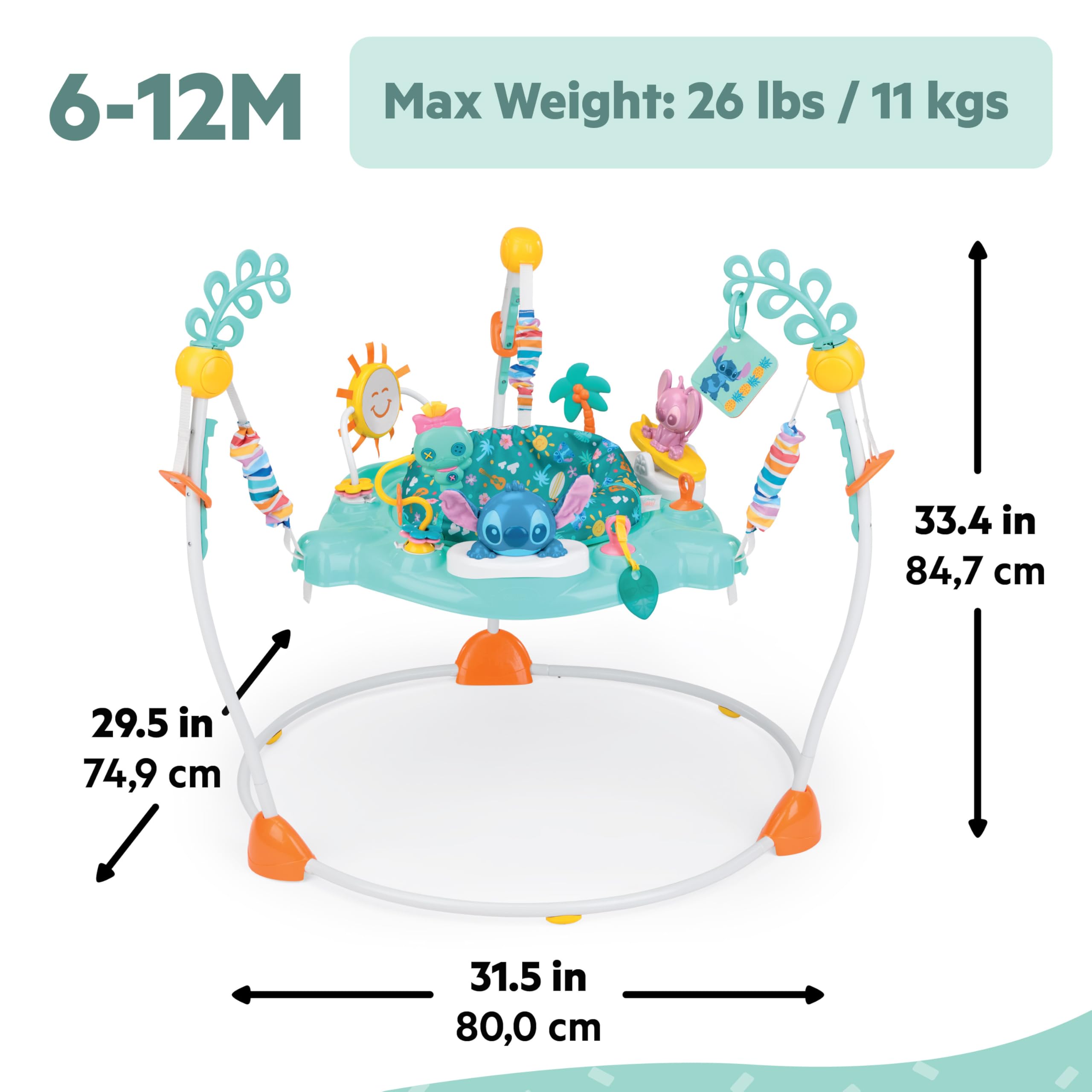 Bright Starts Disney Stitch Little Ohana Baby-Aktivitätshopser mit interaktiven Spielzeugen, Baby Bouncer Lichtern und Musik mit Stitch, Angel und Scrump, 6–12 Monate (blau)