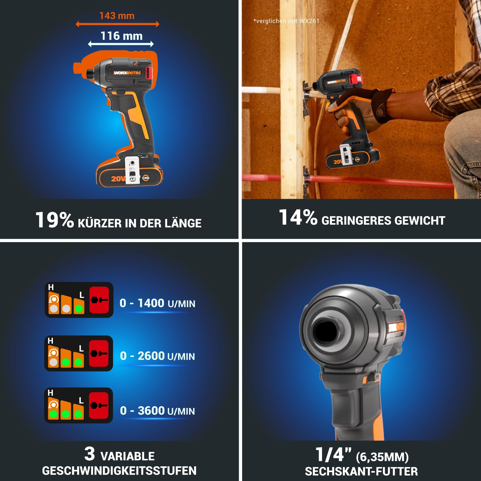 WORX Nitro Akku-Schlagschrauber 20V WX265.9 - leistungsstarker Brushless Motor - 3 Geschwindigkeitsstufe & 2 Modi - 200Nm Drehmoment - 3400 U/min - leicht & kompakt - ohne Akku & Ladegerät