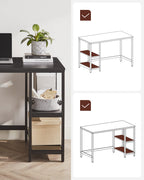 VASAGLE Schreibtisch, Computertisch, PC-Tisch, Bürotisch, mit 2 Ablagen auf der rechten oder linken Seite, fürs Büro, Wohnzimmer, Stahlgestell, Industrie-Design, schwarz LWD047B16