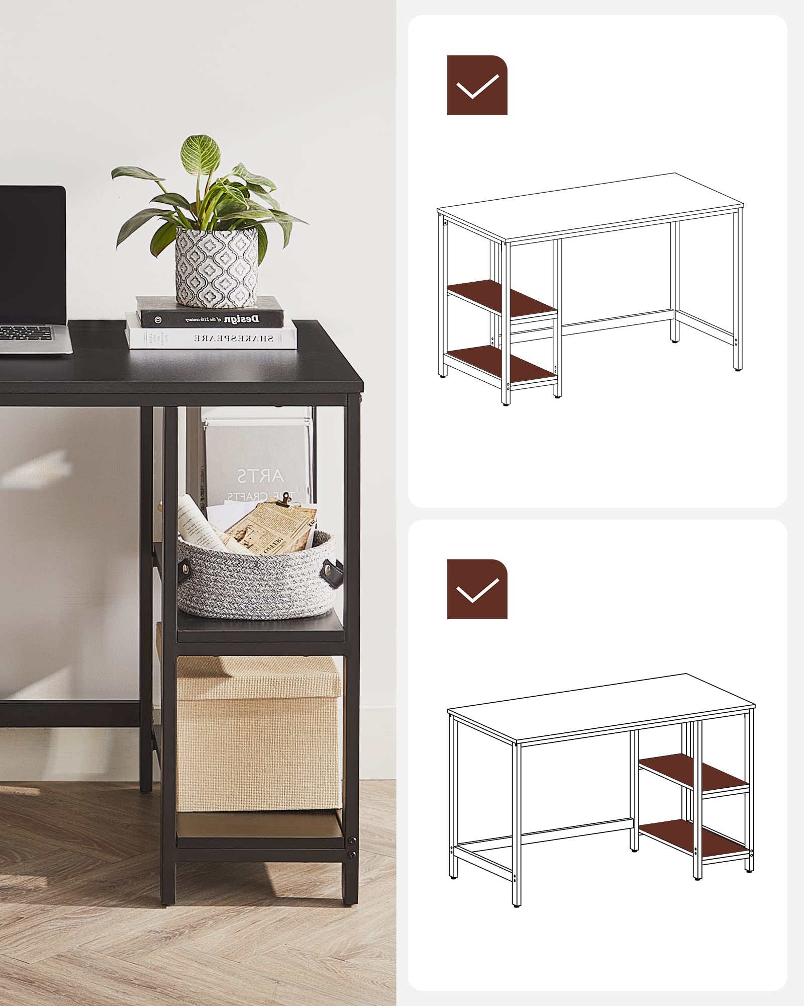 VASAGLE Schreibtisch, Computertisch, PC-Tisch, Bürotisch, mit 2 Ablagen auf der rechten oder linken Seite, fürs Büro, Wohnzimmer, Stahlgestell, Industrie-Design, schwarz LWD047B16