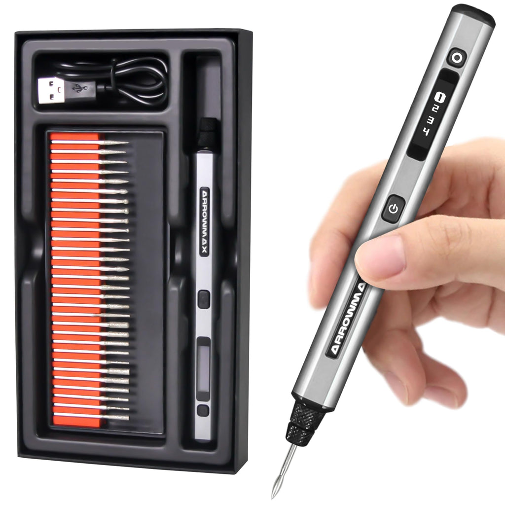 ARROWMAX Mini Gravierstift - Ultimatives kabelloses tragbares Werkzeug für Künstler & Heimwerker - Gravieren Sie 50+ Oberflächen - Anfängerfreundlich - Wiederaufladbar - Kostenlose 30 Bits