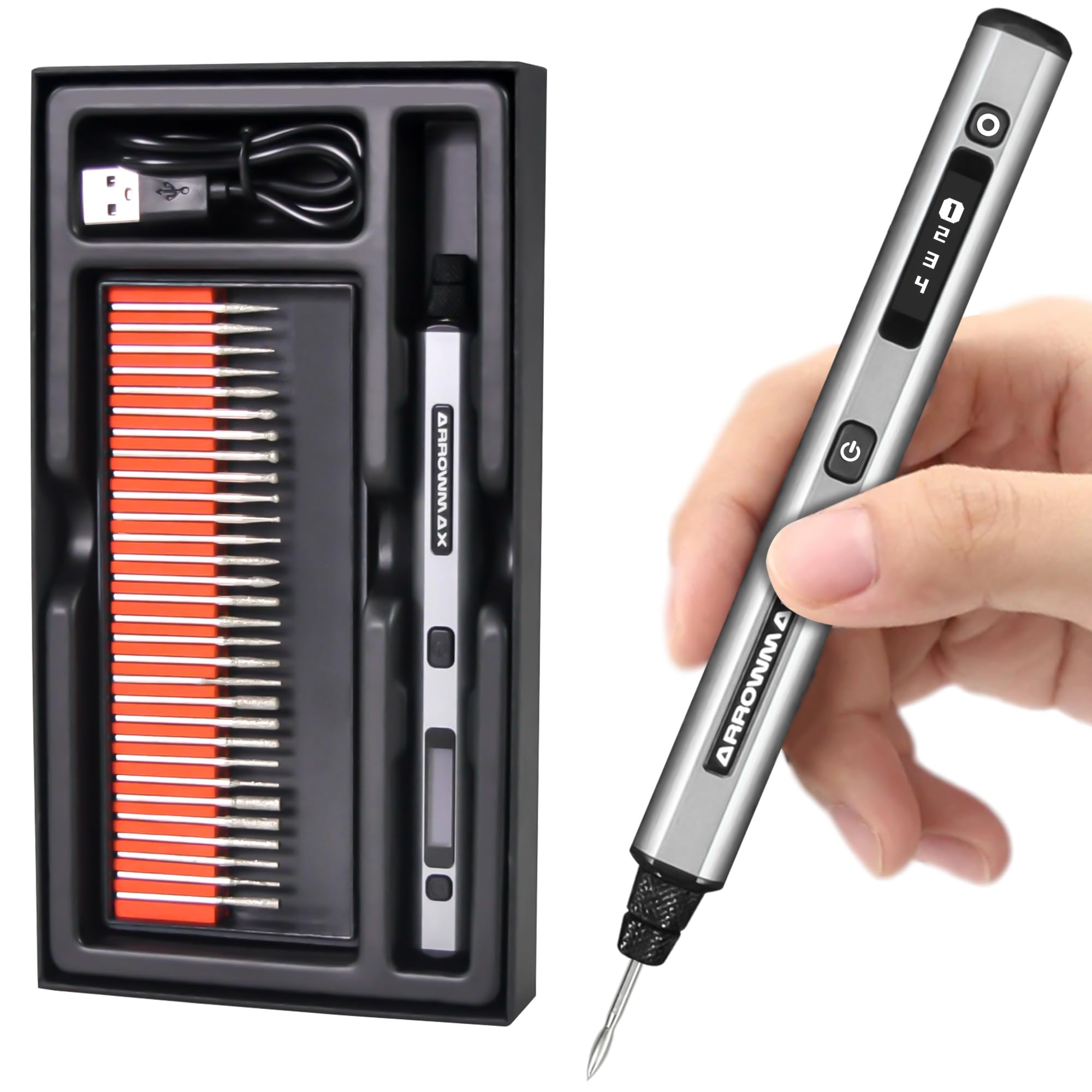ARROWMAX Mini Gravierstift - Ultimatives kabelloses tragbares Werkzeug für Künstler & Heimwerker - Gravieren Sie 50+ Oberflächen - Anfängerfreundlich - Wiederaufladbar - Kostenlose 30 Bits