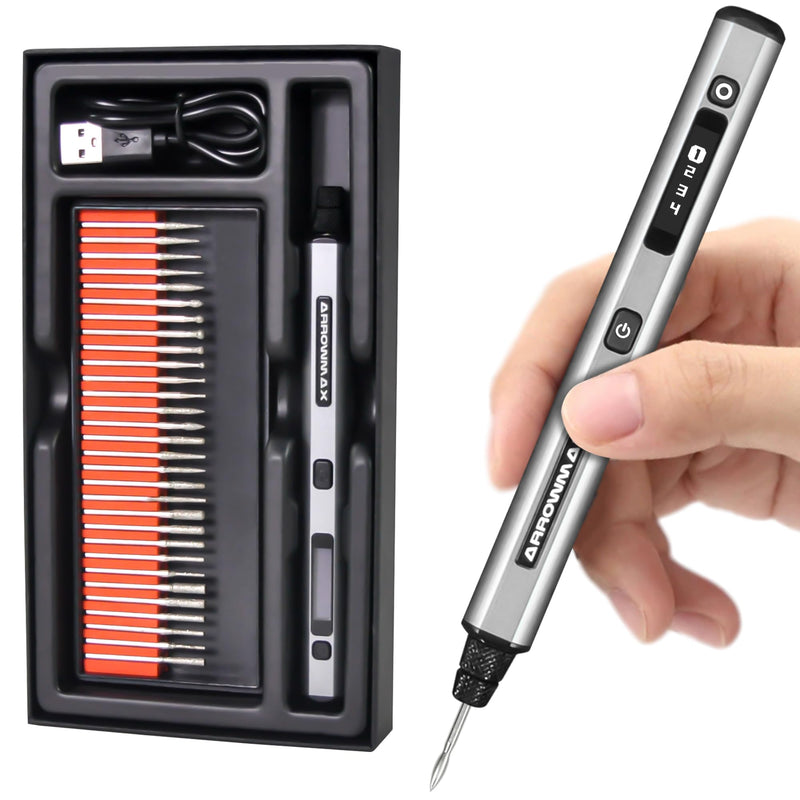 ARROWMAX Mini Gravierstift - Ultimatives kabelloses tragbares Werkzeug für Künstler & Heimwerker - Gravieren Sie 50+ Oberflächen - Anfängerfreundlich - Wiederaufladbar - Kostenlose 30 Bits