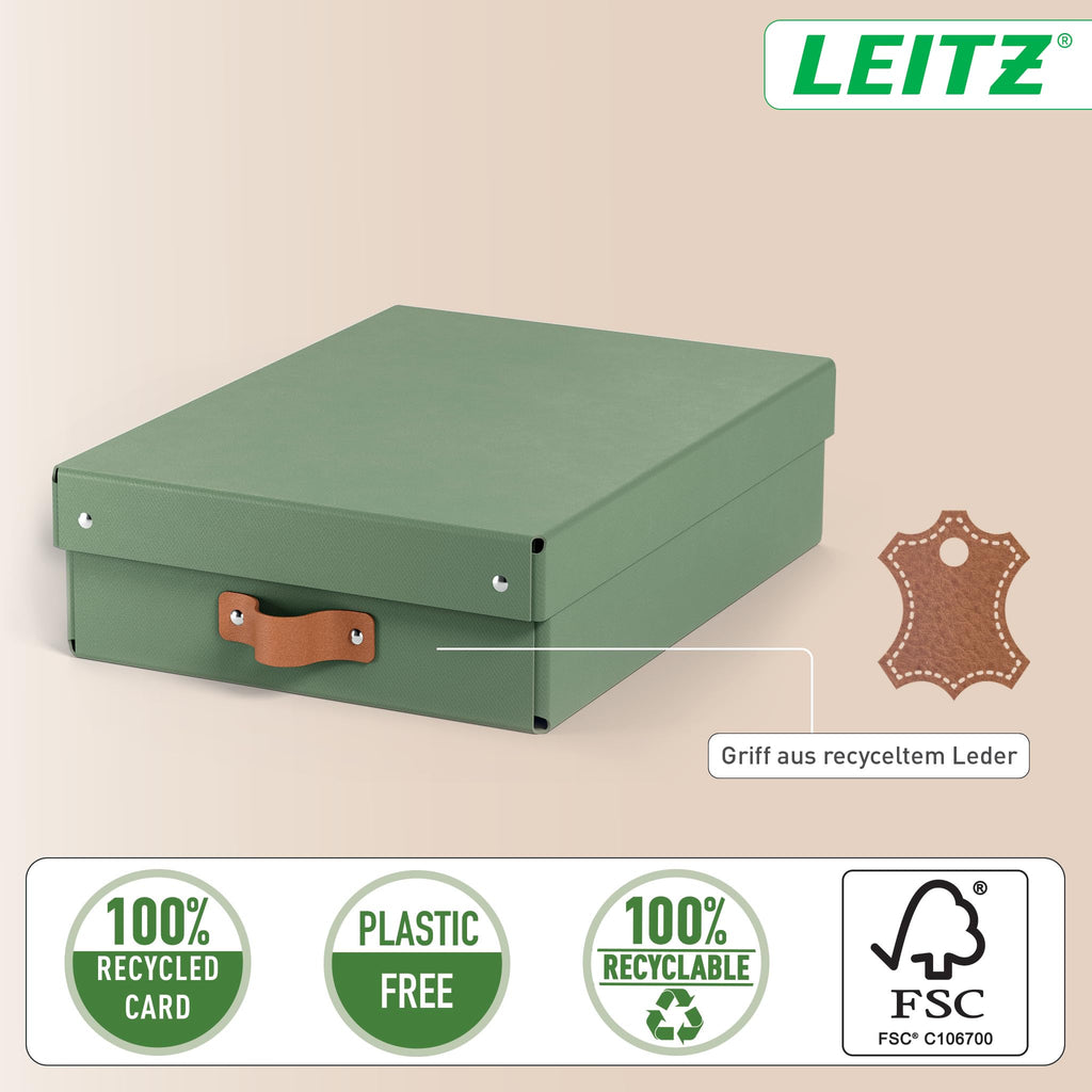 Leitz Puro Flache Aufbewahrungsbox mit Deckel, Medium, 2er-Set, Box 8 L, stapelbar, Organizer-Box für Regale und Schränke, FSC-Karton, für Büro und Home Office, 26 x 35 x 10 cm, Grün, 61480050