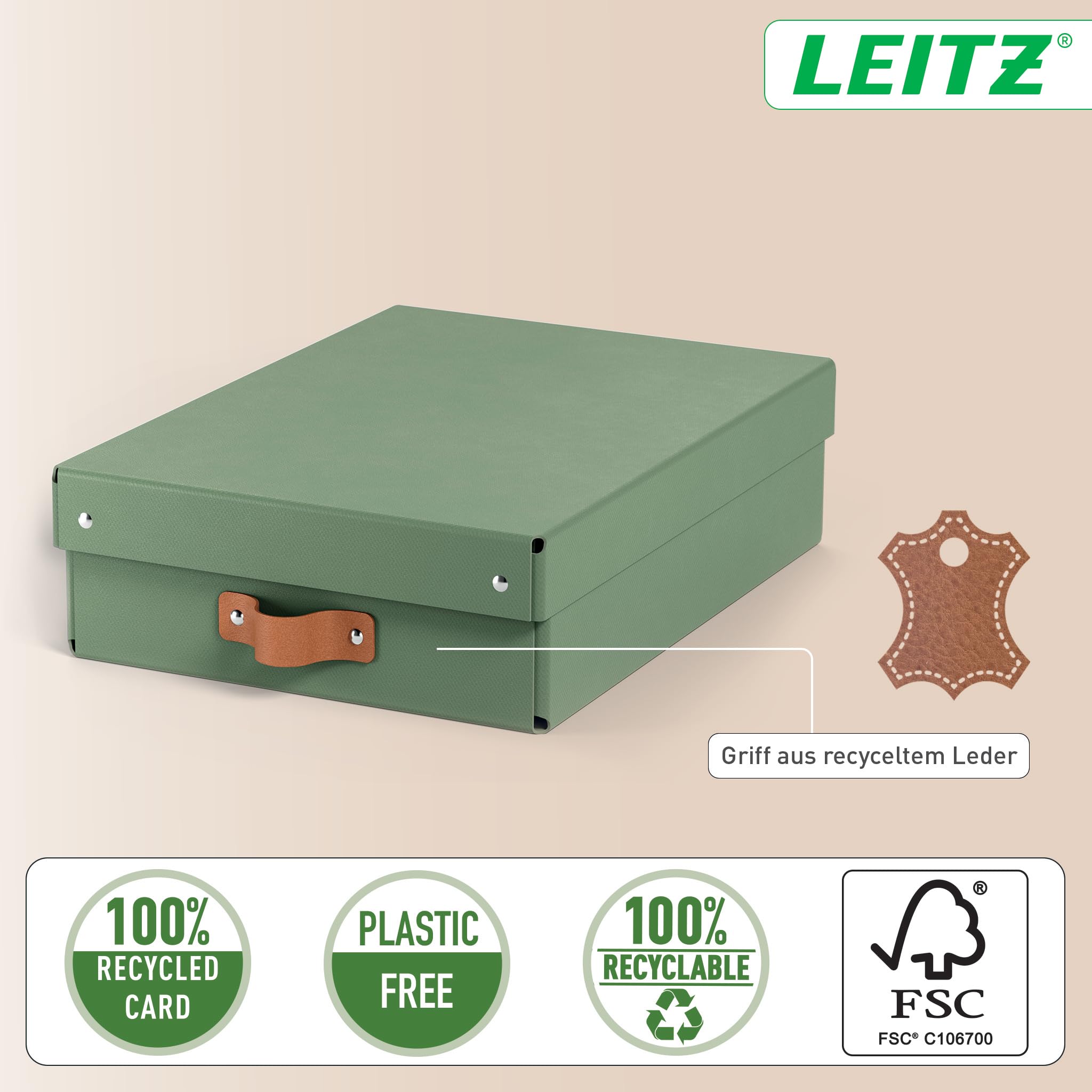Leitz Puro Flache Aufbewahrungsbox mit Deckel, Medium, 2er-Set, Box 8 L, stapelbar, Organizer-Box für Regale und Schränke, FSC-Karton, für Büro und Home Office, 26 x 35 x 10 cm, Grün, 61480050