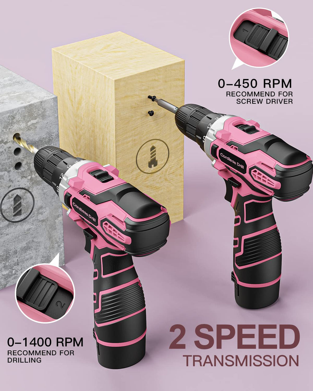 Akkuschrauber 12V Pink Rosa, Akkubohrer Klein, Akku Bohrschrauber Set mit 15 Zubehör und Tasche, 18+1 Drehmomentstufen, 10mm Bohrfutter, 2-Gang, LED-Licht, Leicht Akku Schrauber für Reparatur & DIY