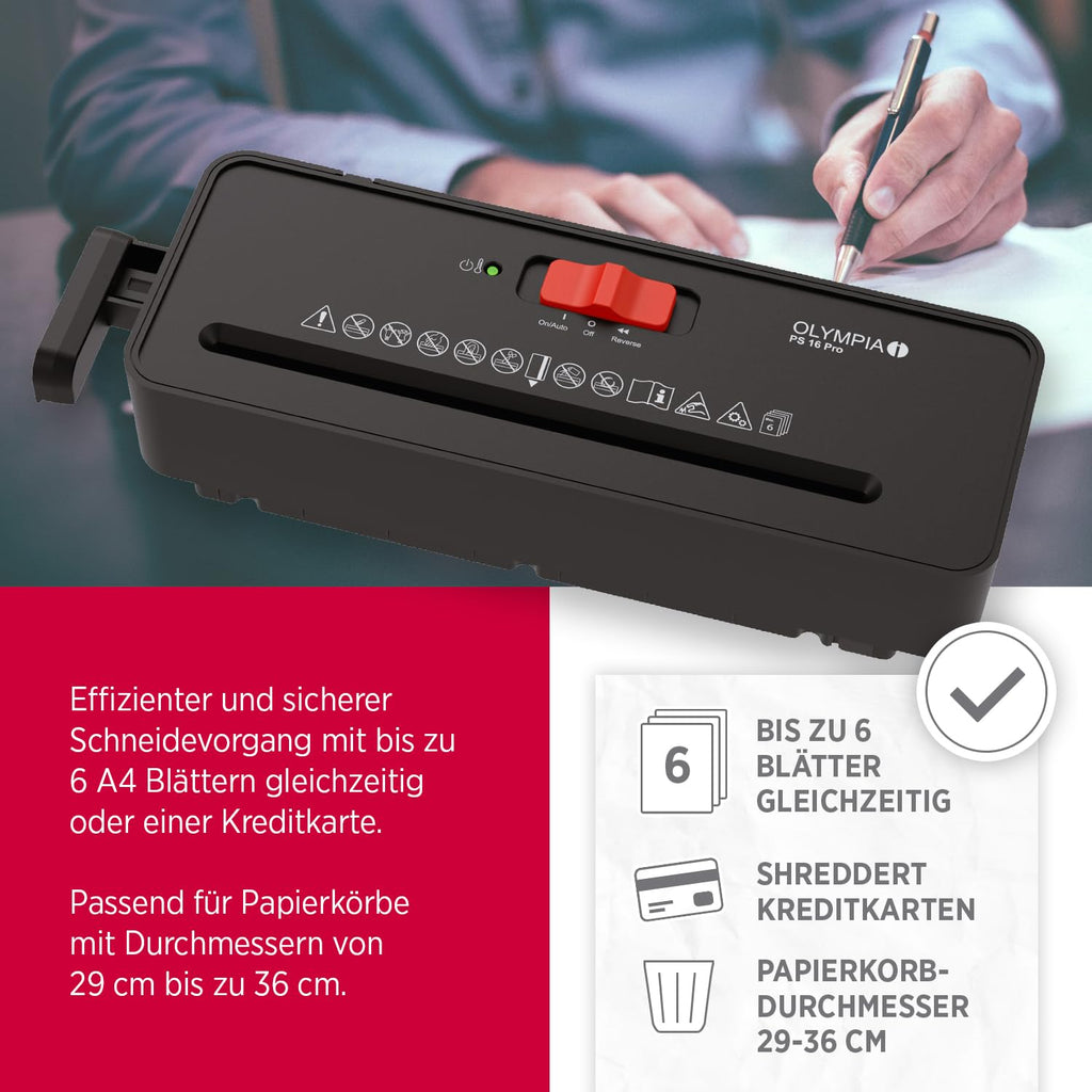 OLYMPIA PS 16 Pro Aktenvernichter Aufsatz schwarz | Kompakter Papierschredder für zu Hause | Schredder Aktenvernichter im Streifenschnitt | Shredder Papier | Papier Schredder Gerät