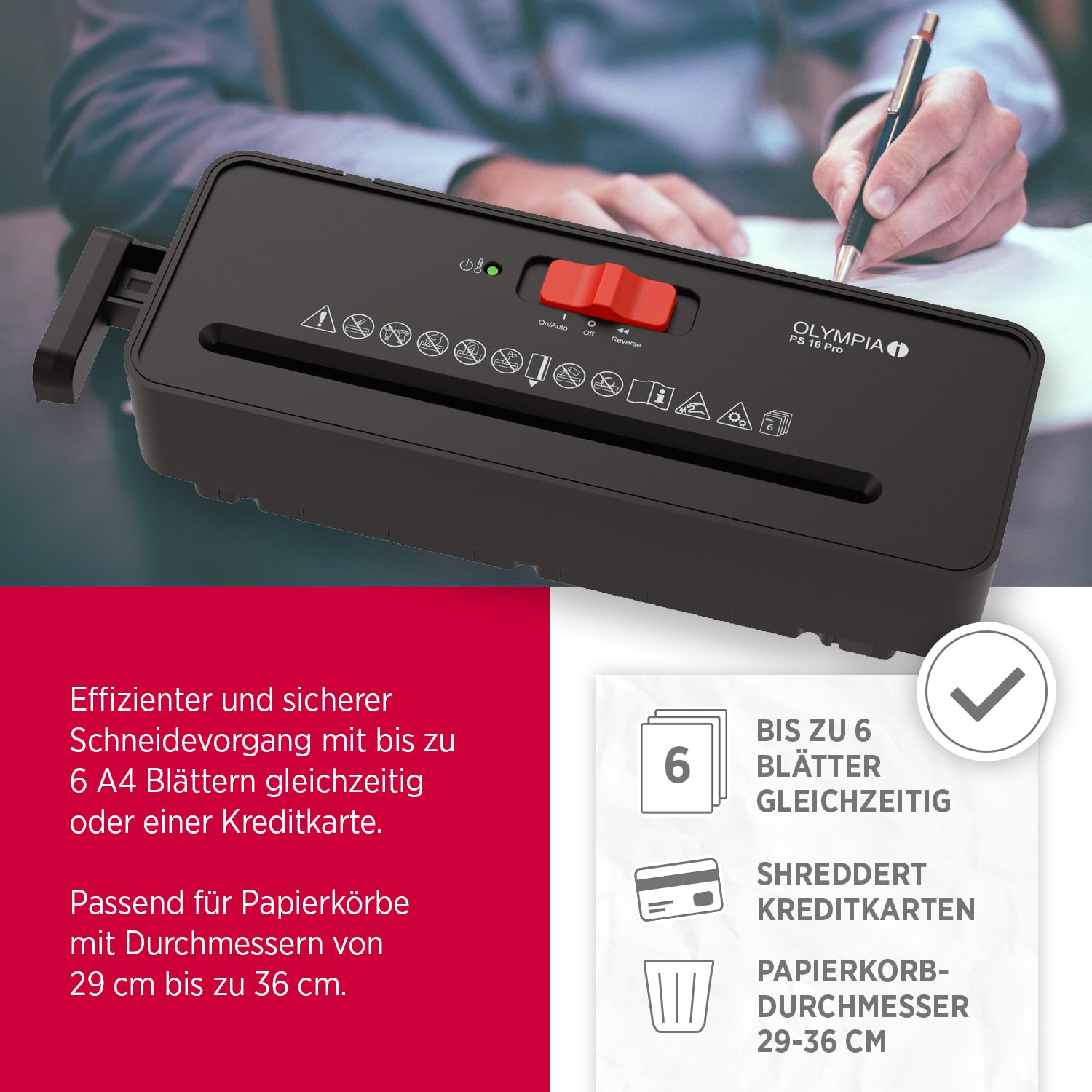 OLYMPIA PS 16 Pro Aktenvernichter Aufsatz schwarz | Kompakter Papierschredder für zu Hause | Schredder Aktenvernichter im Streifenschnitt | Shredder Papier | Papier Schredder Gerät
