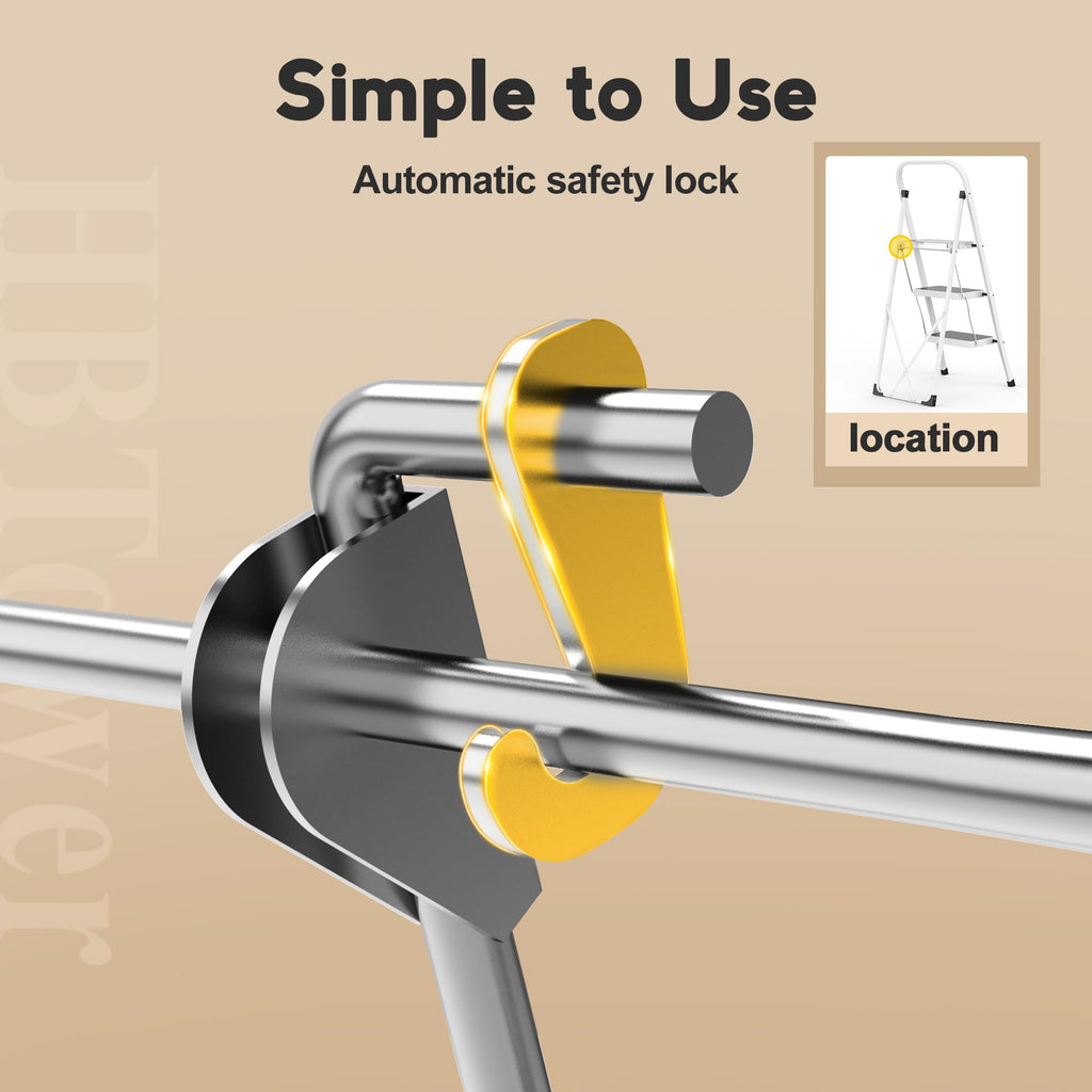 HBTower Trittleiter 3 Stufen klappbar, Trittleiter mit Anti-Rutsch-Pedal, Tragbare Robuste Tritthocker mit Handläufen, Perfekt für Küche & Haushalt, 150kg Kapazität, Weiß