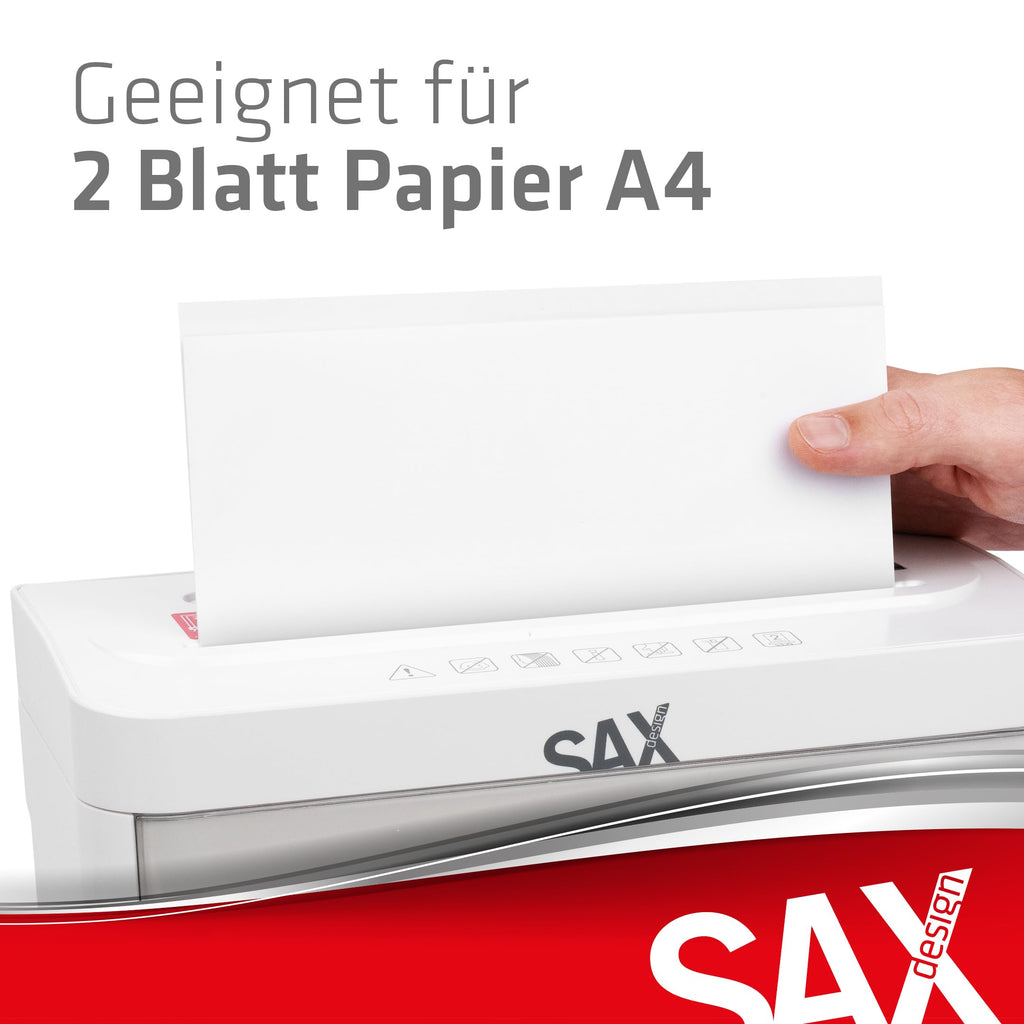 Sax Aktenvernichter Bruno – Partikelschnitt 3x18mm, Schreddert Papier, CDs & Karten, 220mm Zuführungsöffnung, 2 Blatt A4 Kapazität, 3,5L Behälter, Leise bis 70dB, Ideal für Büro & Home-Office