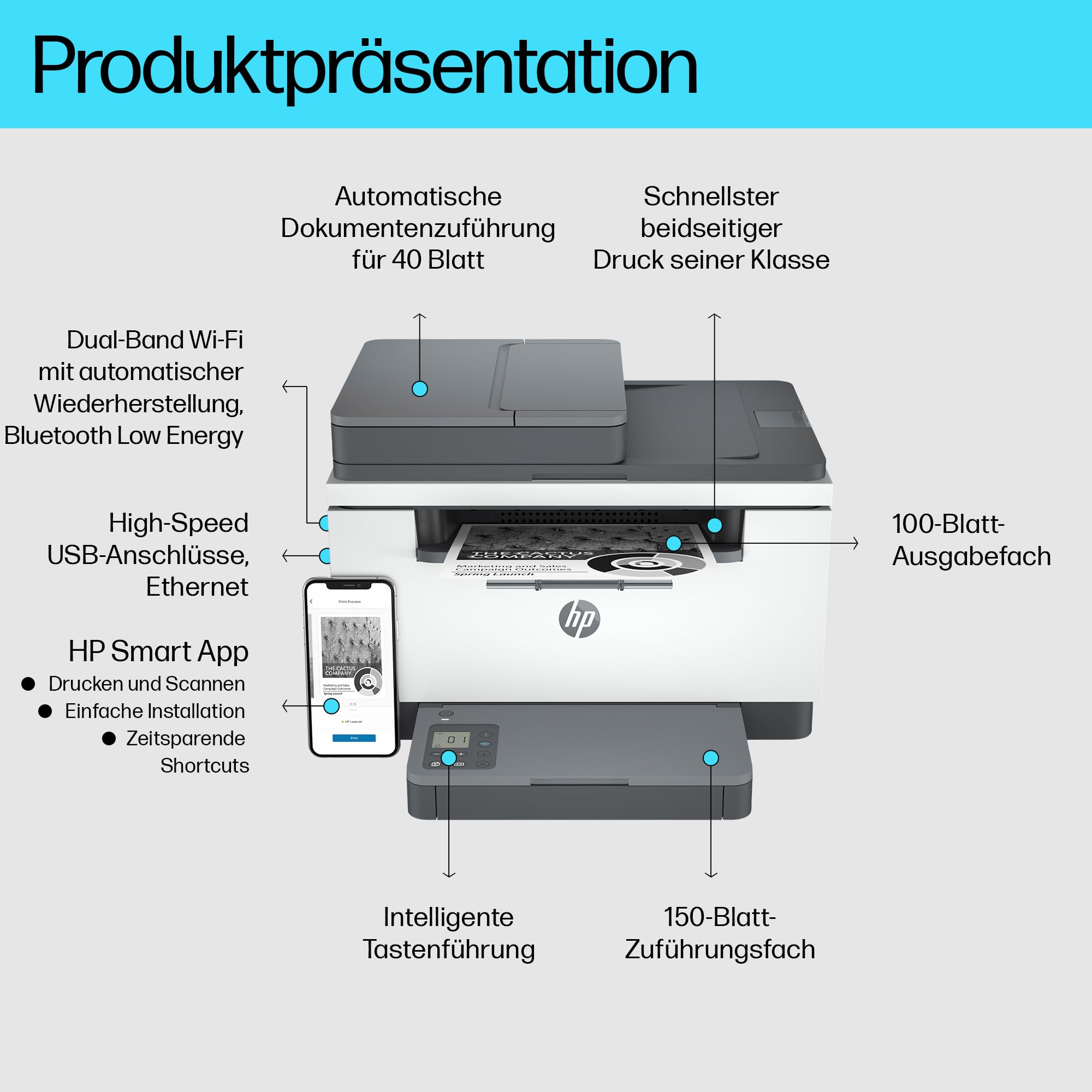 HP LaserJet MFP M234sdw Multifunktionslaserdrucker, Drucker, Scanner, Kopierer, Vorlageneinzug, WLAN, LAN, Duplex, Airprint, Grau-Weiß