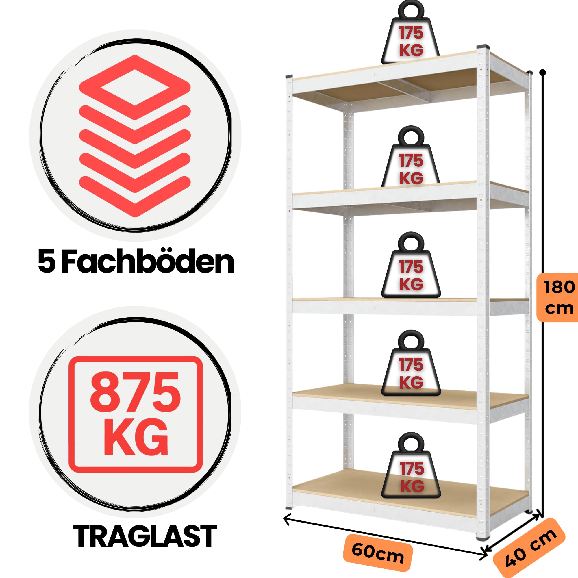 baudim - 180x60x40 cm Schwerlastregal, Steckregal verzinkt mit 5 MDF-Böden und 175 kg Tragkraft, Metallregal, Garagenregal oder Lagerregal, Kellerregal, Abstelraum, Werkstattregal Metall