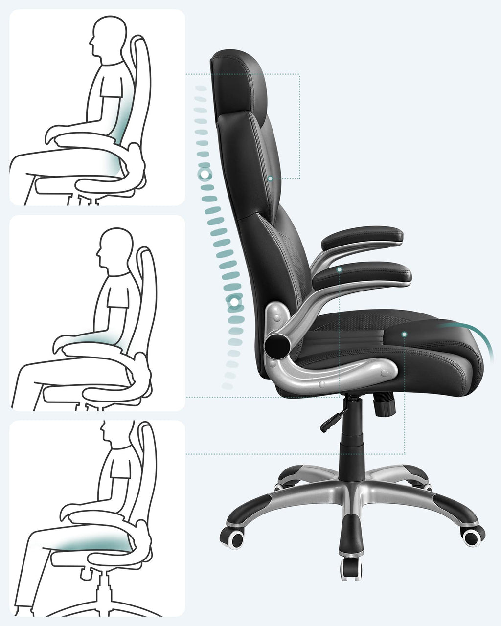 SONGMICS Bürostuhl, Gaming-Stuhl, verstellbare Kopfstütze, Wippfunktion, Schreibtischstuhl, verstellbare Armlehnen, Universalrollen, höhenverstellbar, tintenschwarz OBG65BK
