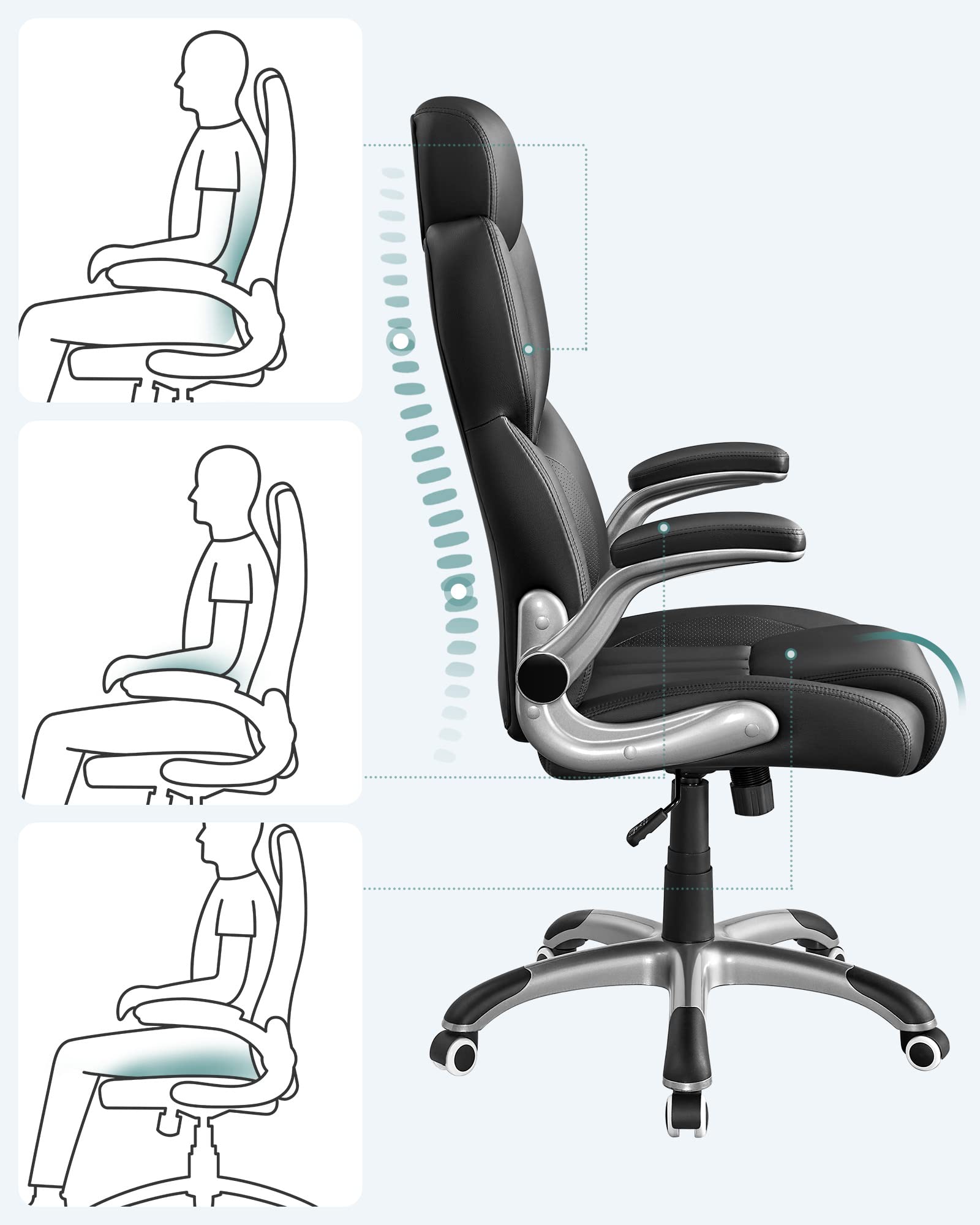 SONGMICS Bürostuhl, Gaming-Stuhl, verstellbare Kopfstütze, Wippfunktion, Schreibtischstuhl, verstellbare Armlehnen, Universalrollen, höhenverstellbar, tintenschwarz OBG65BK