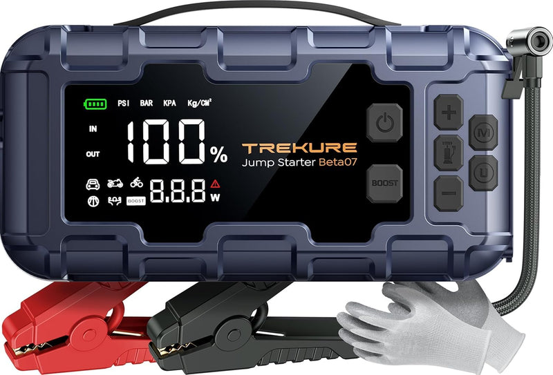 TREKURE Starthilfe Powerbank mit Luftkompressor, 160PSI 6500A Auto Starthilfe, PD 45W Eingang/Ausgang, Starthilfe(Bis zu All Benzin und 12.0L Dieselmotor) mit 600 Lumen LED und Doppelstart