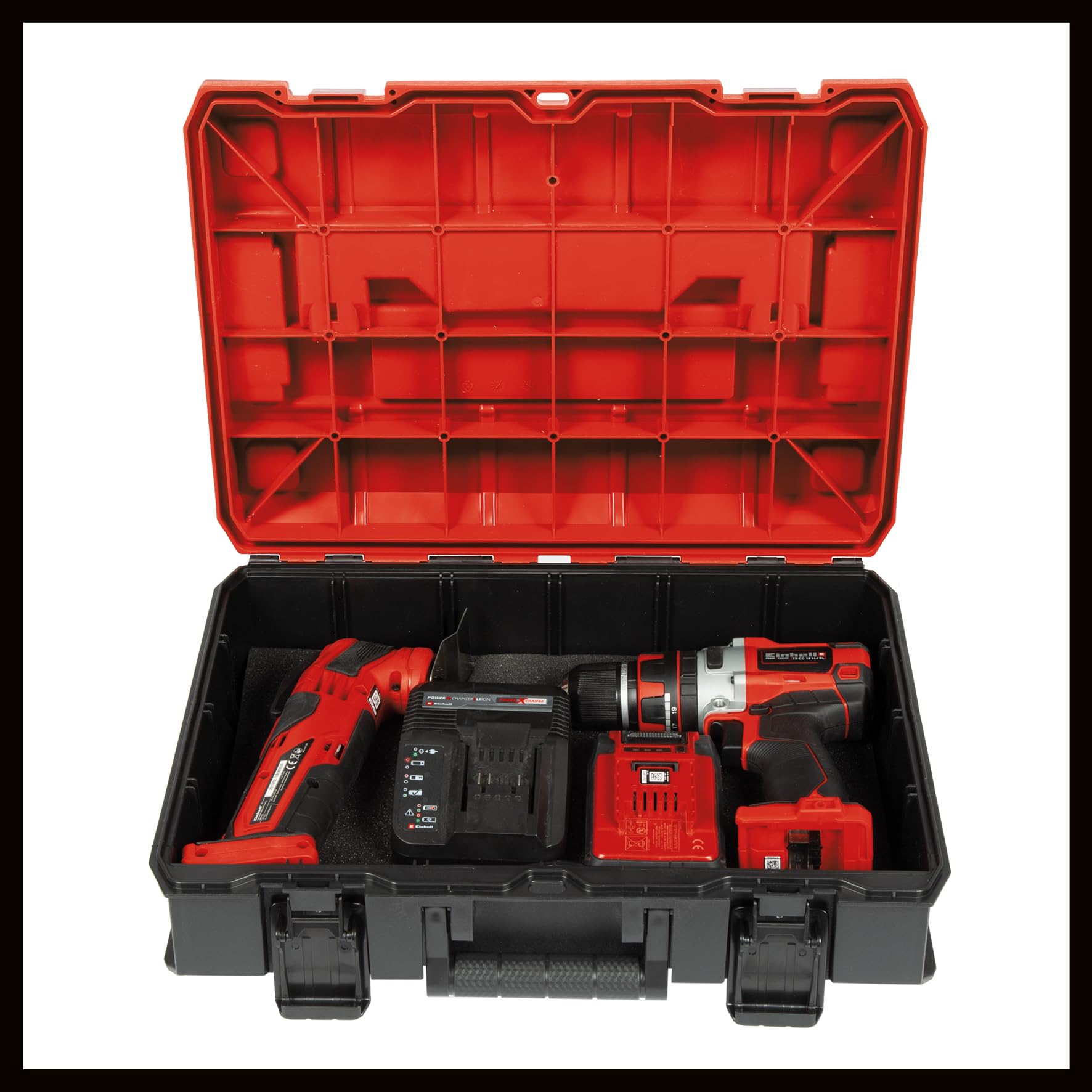 Original Einhell E-Case S-F Systemkoffer (max. 25 kg, universelle Aufbewahrung und Transport von Zubehör und Werkzeug, stapelbar, verknüpfbar, inkl. Schaumstoffeinlage)