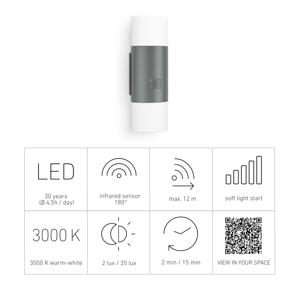 Steinel LED Außenleuchte L 910 S anthrazit, Wandleuchte mit 180° Infrarot Bewegungsmelder, 12m Reichweite, Dauerlicht, Softlichtstart, IP44 als Außenbeleuchtung geeignet