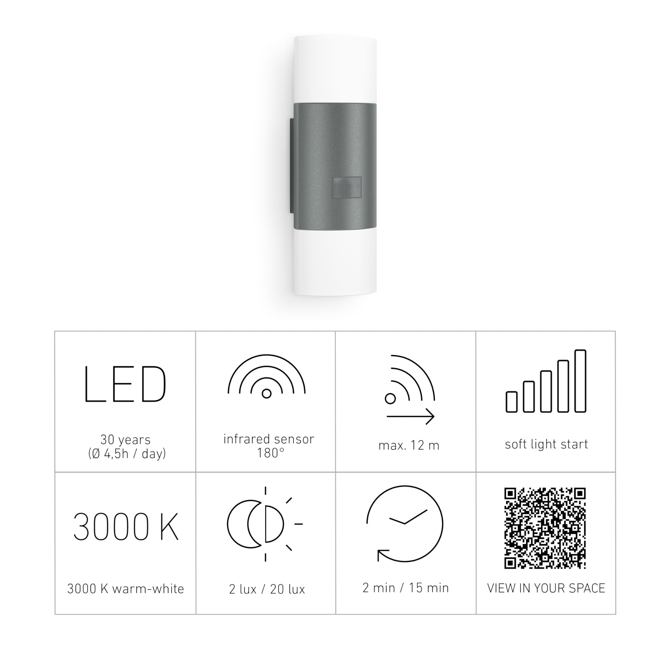 Steinel LED Außenleuchte L 910 S anthrazit, Wandleuchte mit 180° Infrarot Bewegungsmelder, 12m Reichweite, Dauerlicht, Softlichtstart, IP44 als Außenbeleuchtung geeignet