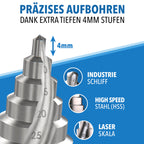Stufenbohrer 6–60 mm aus HSS 4241 – Spiralnut mit 12 mm Schaft – Kegelbohrer Schälbohrer für Metall Kunststoff Holz – extra großer Lochbohrer für präzise Bohrungen